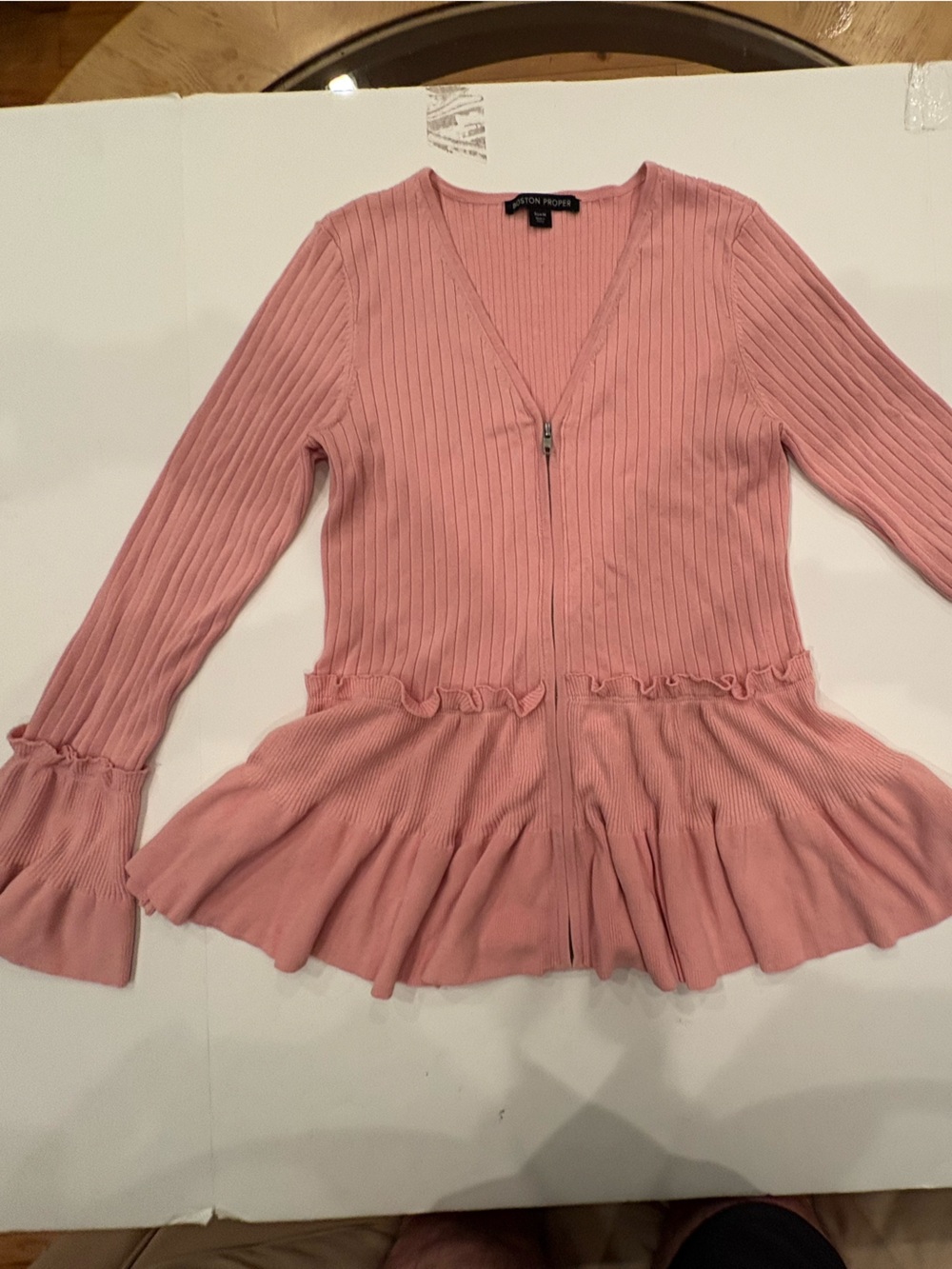 Dusty rose cardigan-full zip-flared bodice & flared sleeve-Medium-Boston Proper